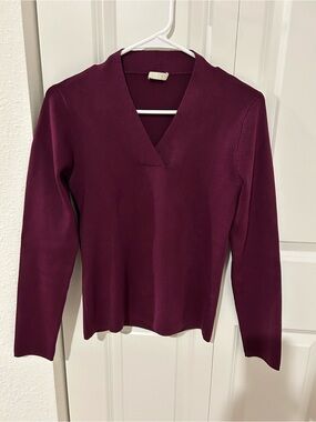 Cullen Burgundy Ribbed Silk Blend Knit Top Split V-Neck